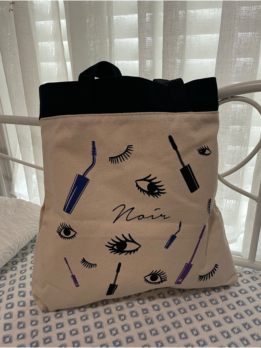 Lancome Canvas Tote with Black Trim and Blue-Purple Eye Print, 13” X 14” X 1-1/2